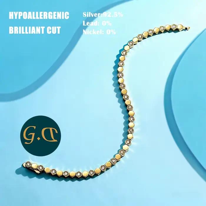 Bracelet de Tennis hexagonal en argent Sterling 925 plaqué or 14K pour femmes, couleur scintillante,