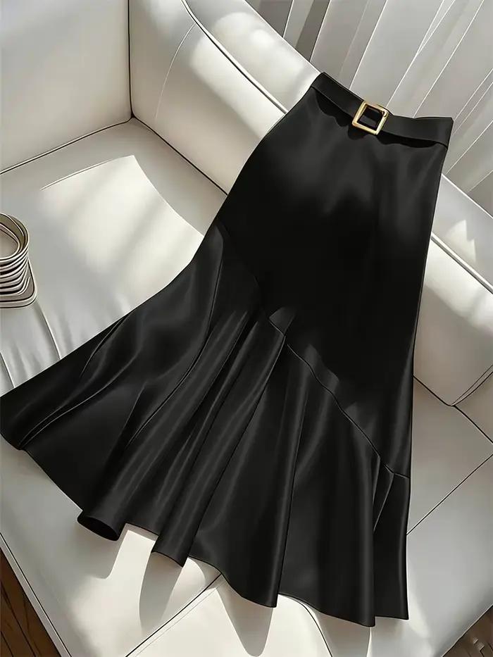 Demi-jupe trapèze en Satin pour femmes, nouveau Design Premium, élégant, couleur Pure, ceinture, col