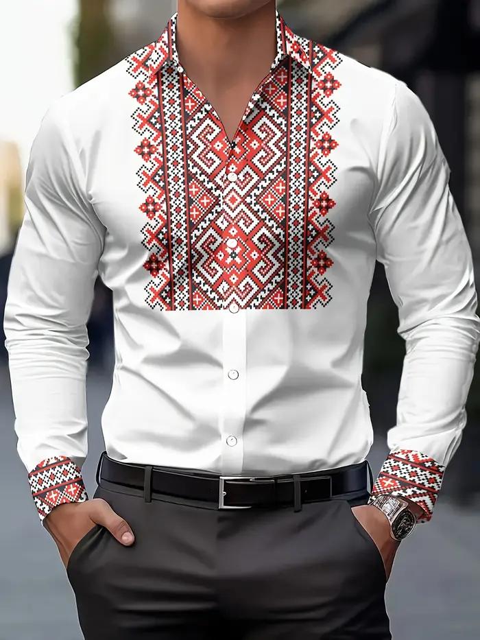 Chemise à manches longues pour hommes, imprimé géométrique, en Polyester respirant, décontracté, rev