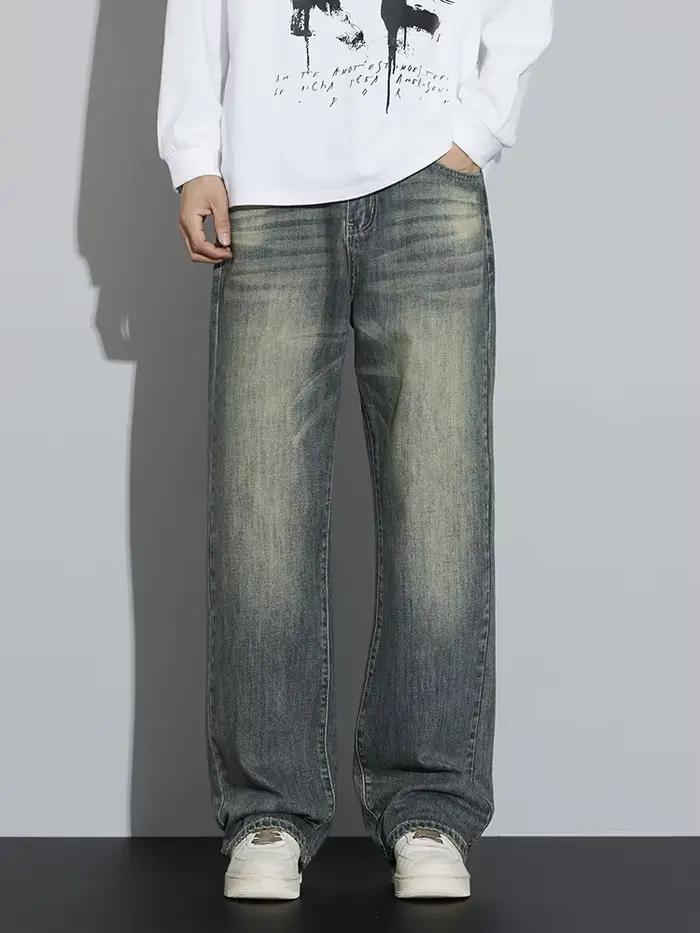 Jean Baggy en Coton à Jambes Larges pour Homme, Streetwear Rétro, Mode Coréenne, Denim Délavé Droit,