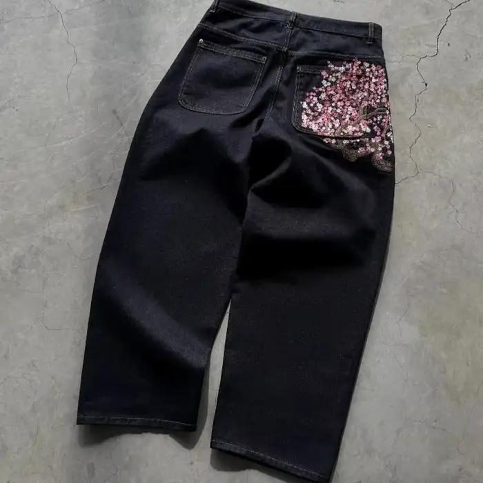 Y2K Baggy jeans fleur de cerisier lisière broderie Denim pantalon hommes femmes denim tissu américai