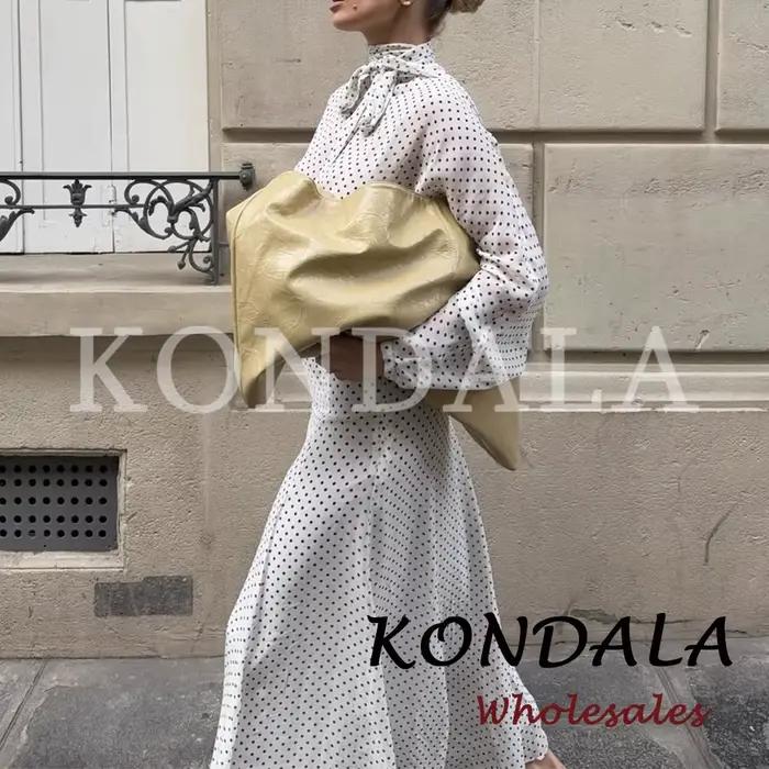 KONDALA Chic Ensemble Décontracté Femme à Pois avec Nœud, Chemise Ample Élégante + Jupe Longue Midi