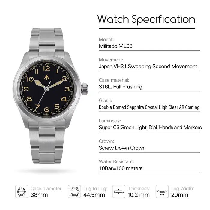 Militado ML08 montre militaire VH31 mouvement à Quartz Double cristal saphir C3 BGW9 lumineux 10Bar étanche 38mm