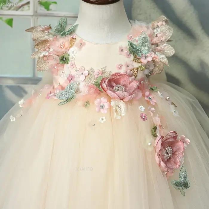 Robe Lolita pour filles, fleurs 3D, tulle bouffant, perles, robe de princesse pour demoiselle d'honn