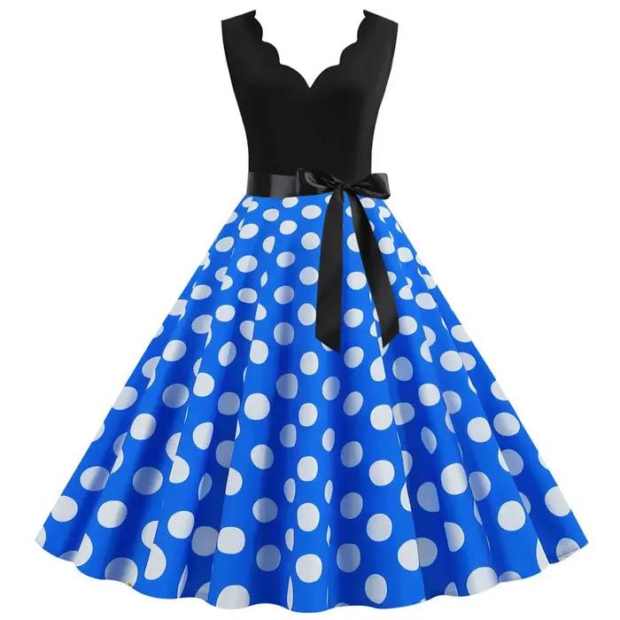Femmes rétro robes d'été 50s 60s sans manches col en v à pois nœud boule cultivé fête Robe d'été Rob