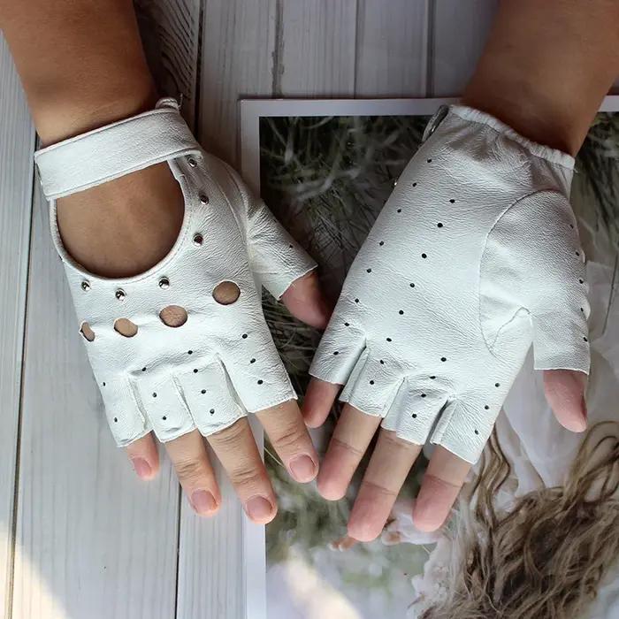 Gants de conduite demi-doigt en cuir pour femmes, évider à la mode, gants de moto minces, gants cour