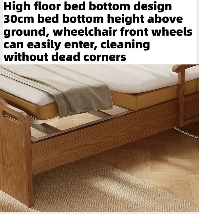 Lit d'assistance électrique en bois pour personnes âgées, lit de soins à domicile multifonctionnel réglable avec matelas et barrière de sécurité, mobilier de chambre