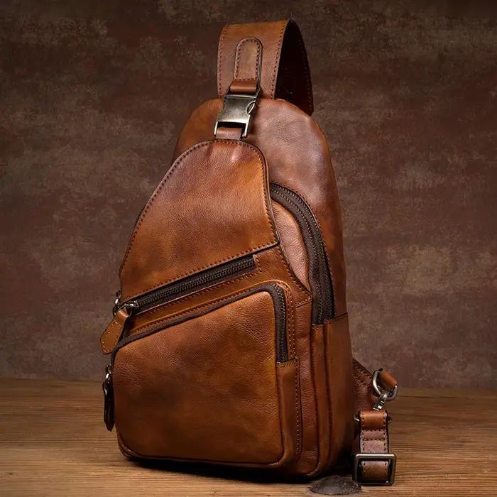 Sac de poitrine en cuir de grande capacité pour hommes, sac à bandoulière décontracté, tendance rétr