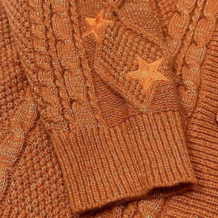 Cardigan TS scintillant pour femmes, pull en tricot épais Orange avec broderie d'étoiles, fil doré,