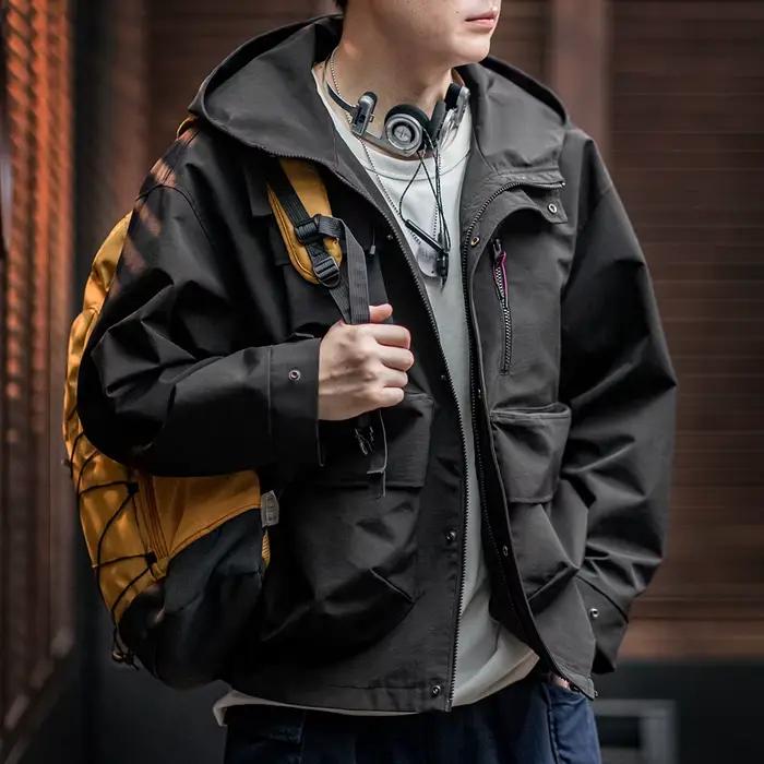 Maden-Veste à capuche multipoches pour homme, manteau de sport de plein air, veste polyvalente, noir