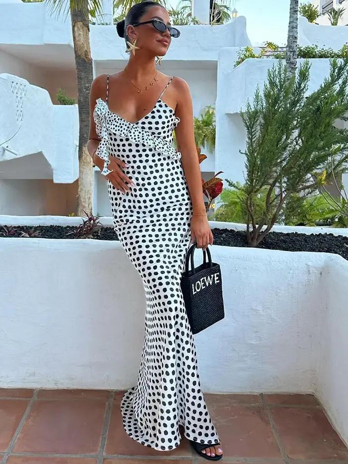 JULISSA MO Sexy dos nu imprimé points fleur femmes robe Maxi Spaghetti sangle robe de soirée automne