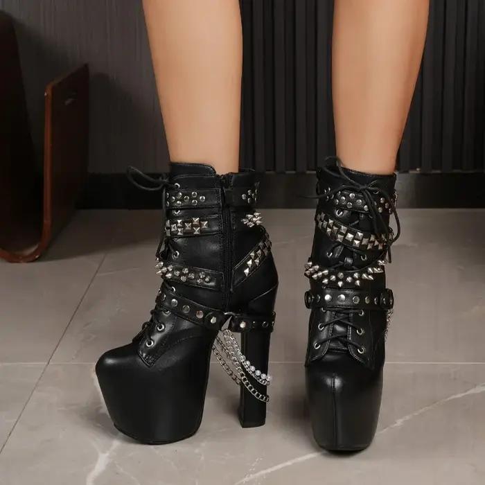Noir Super talons hauts 16CM plate-forme épaisse métal talon épais à lacets bottes courtes 2025 auto