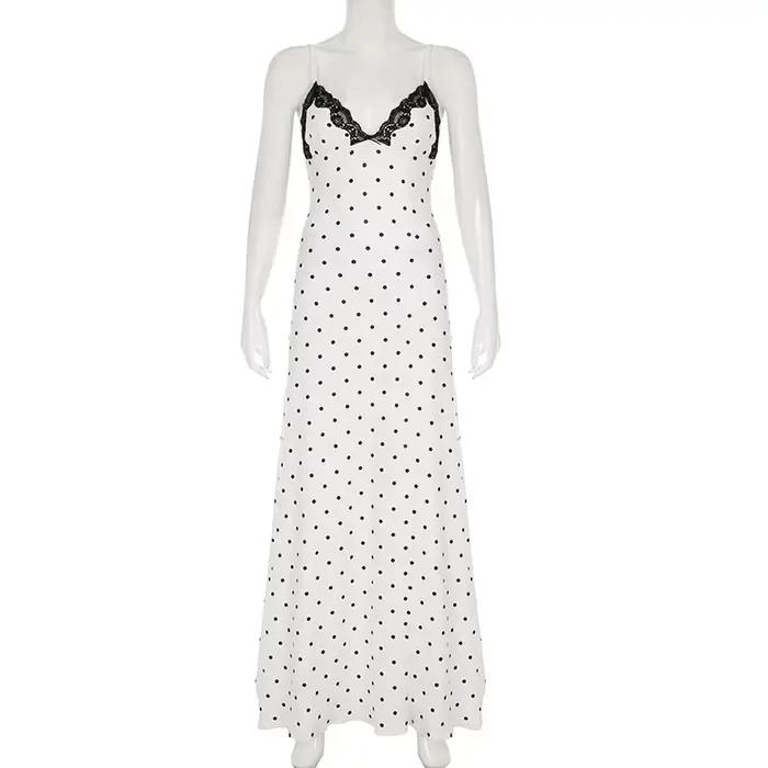 Tornova Sexy col en v à pois robe à bretelles pour les femmes mince français rétro dentelle épissure