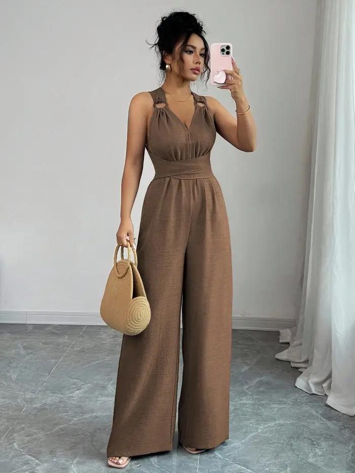 Combinaison femme col en v cravate taille large tenue d'été décontractée Style Madeleine été marron