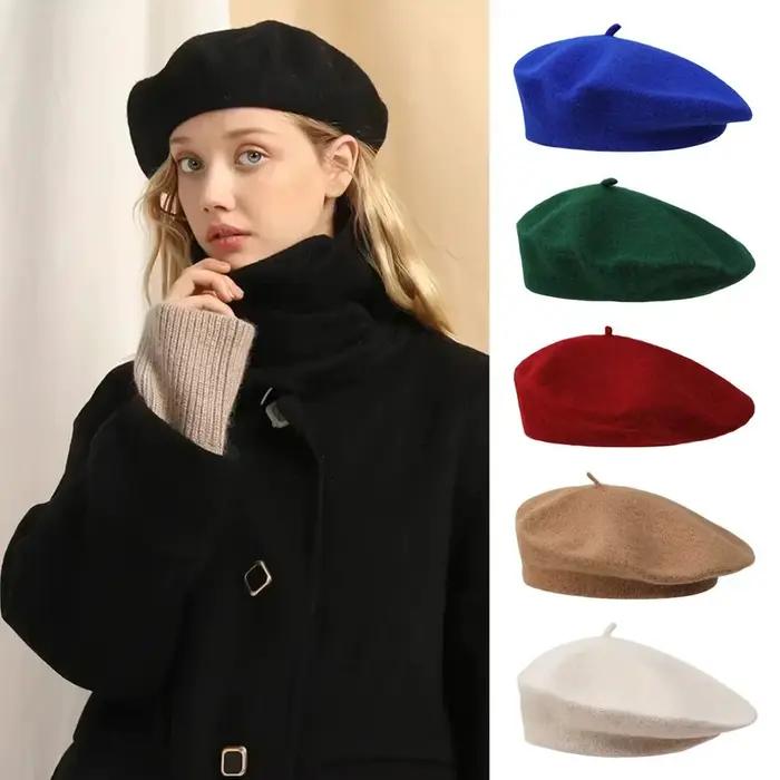 Bérets en laine chauds pour femmes, chapeau de couleur unie, casquette unie élégante, rétro, tout as