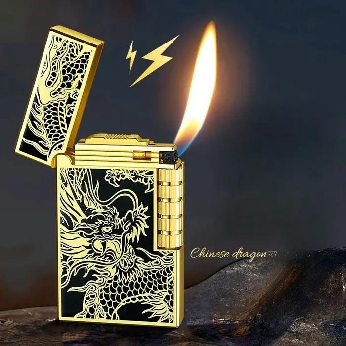 Briquet gonflable en métal et acier, son Dragon chinois, feu Oblique, poulie latérale, allumage de tuyaux de gaz Butane, cadeau pour fumer, 2024
