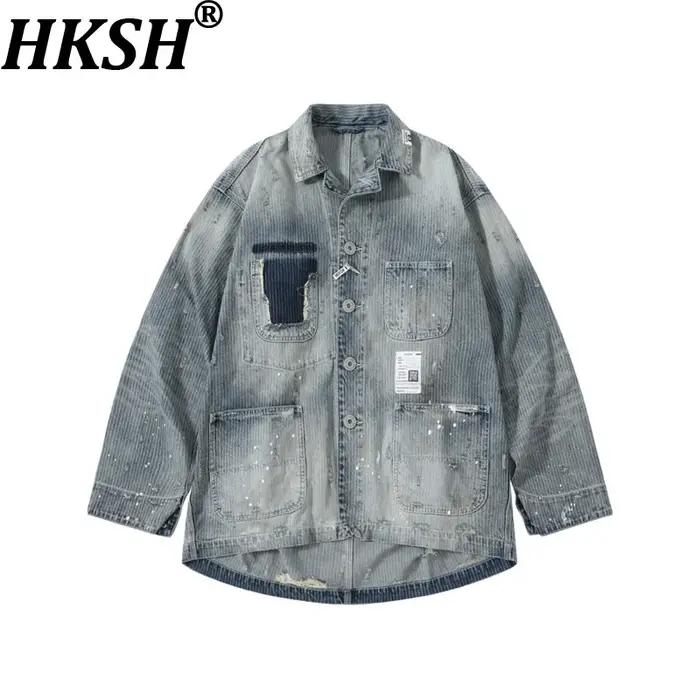 HKSH Nouvelle Veste Chemise Décontractée Oversize en Jean Délavé et Effiloché Jacquard Tendance Printemps-Automne pour H