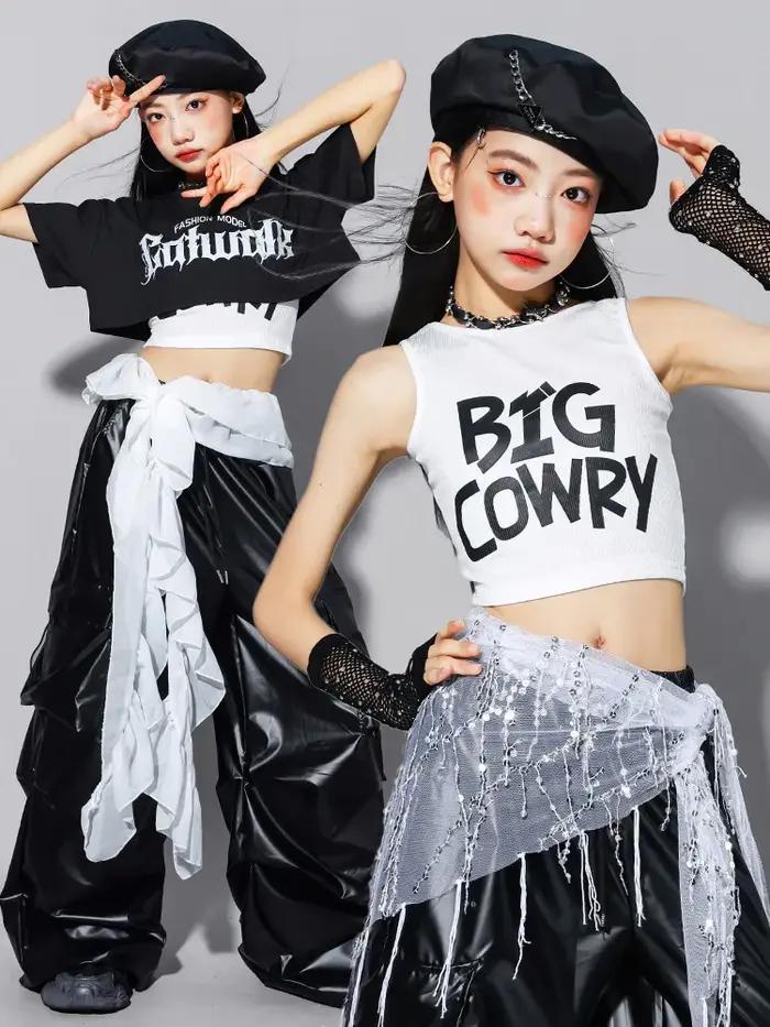 Costume de danse Hip Hop pour enfants, hauts noirs à manches courtes, pantalons en cuir, vêtements d