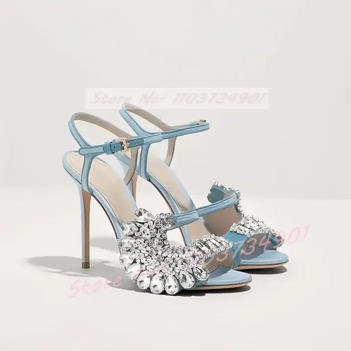 Bout ouvert cristaux fleur sandales femmes mariage luxe bride à la cheville bout rond talons aiguill