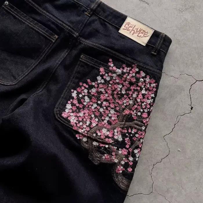 Y2K Harajuku jean Goth vintage fleur de prunier motif brodé pantalon à jambes larges hommes femmes denim tissu style amé