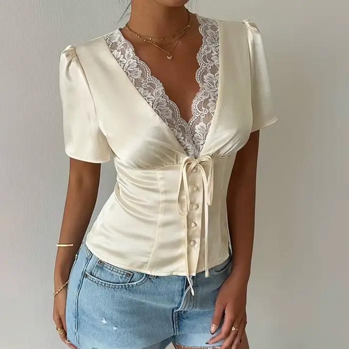 Tuularose élégant dentelle T-Shirt femme Sexy col en v dentelle Patchwork à lacets haut court été mo