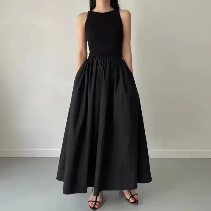 Robe longue noire Simple et élégante pour femmes, col rond, sans manches, taille haute, tempérament,