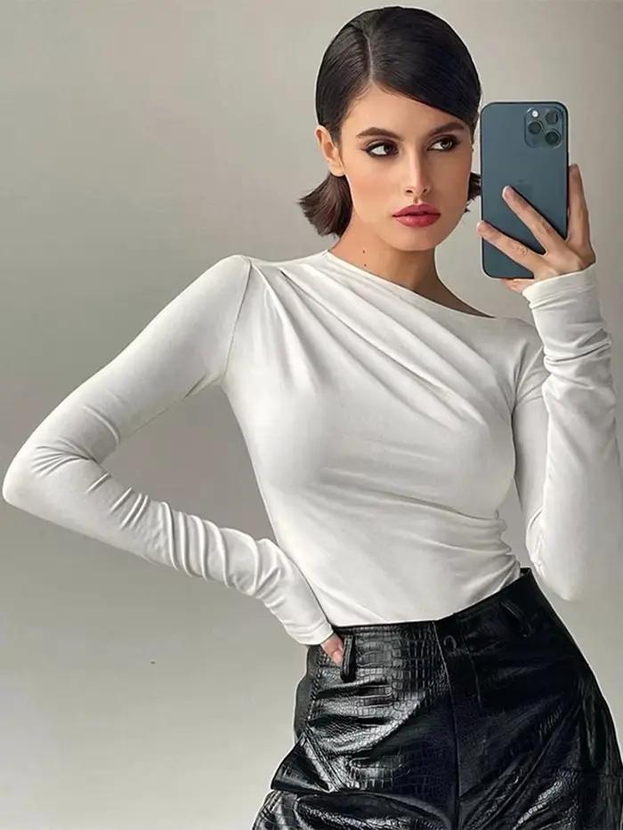 Haut à manches longues blanc T-Shirts femmes basique haut court automne Pollover solide col incliné