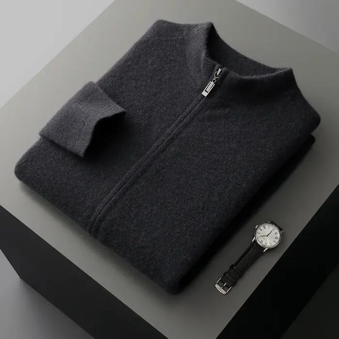 Cardigan en cachemire pur pour hommes, col mi-haut, fermeture éclair, pull décontracté, tempérament,