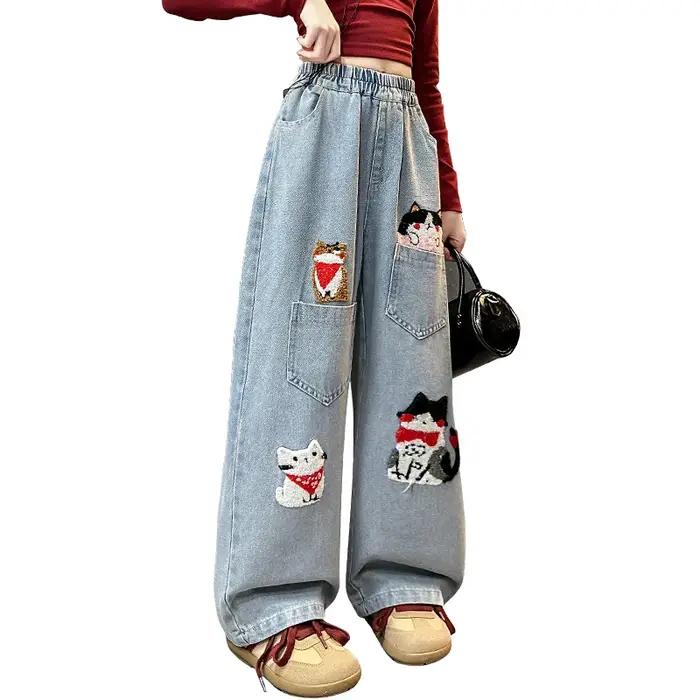Printemps junior filles dessin animé jambe large jeans adolescents enfants serviette brodé chat deni