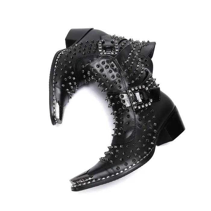 Bottes en cuir pointues à talons hauts pour hommes, chaussures de qualité, rivet, personnalité, chan