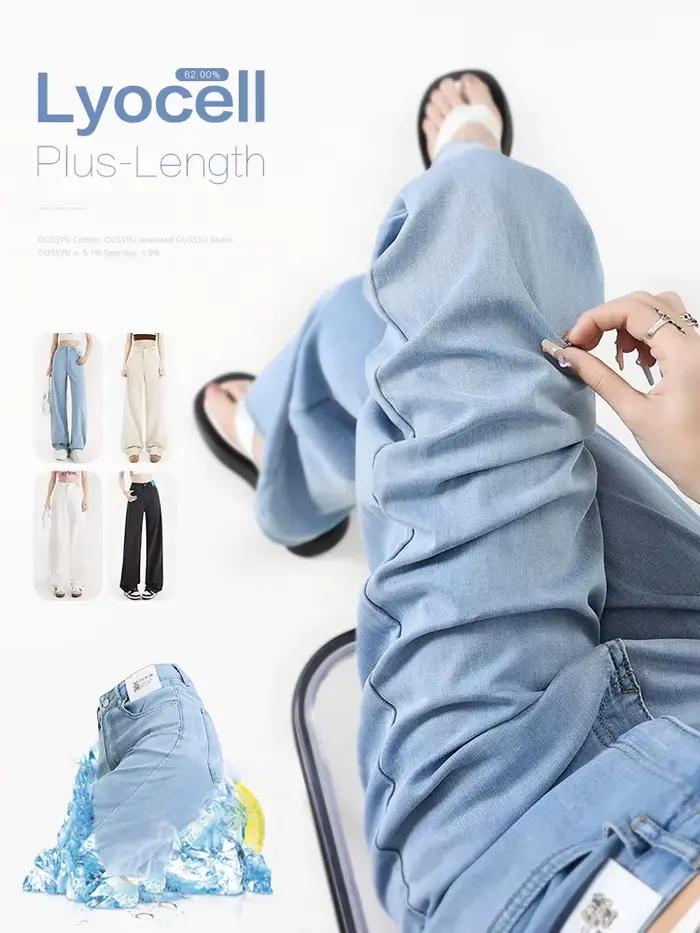 Jean Lyocell doux pour femmes, bleu, kaki, blanc, taille haute, droit, jambes larges, pantalon en De