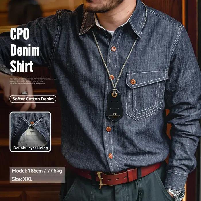 Maden Chemise en denim rétro, fine et à manches longues, avec col à revers et détails en couture. En