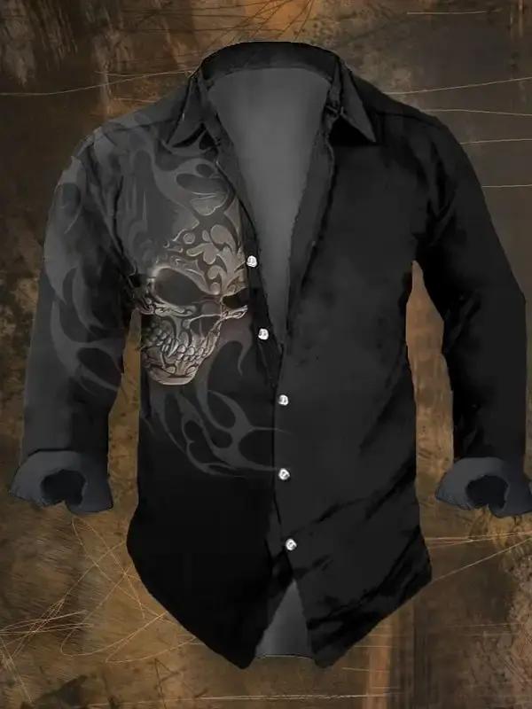 Mode hommes Vintage crâne foncé imprime chemises à manches longues imprimé crâne hauts noirs coupe r