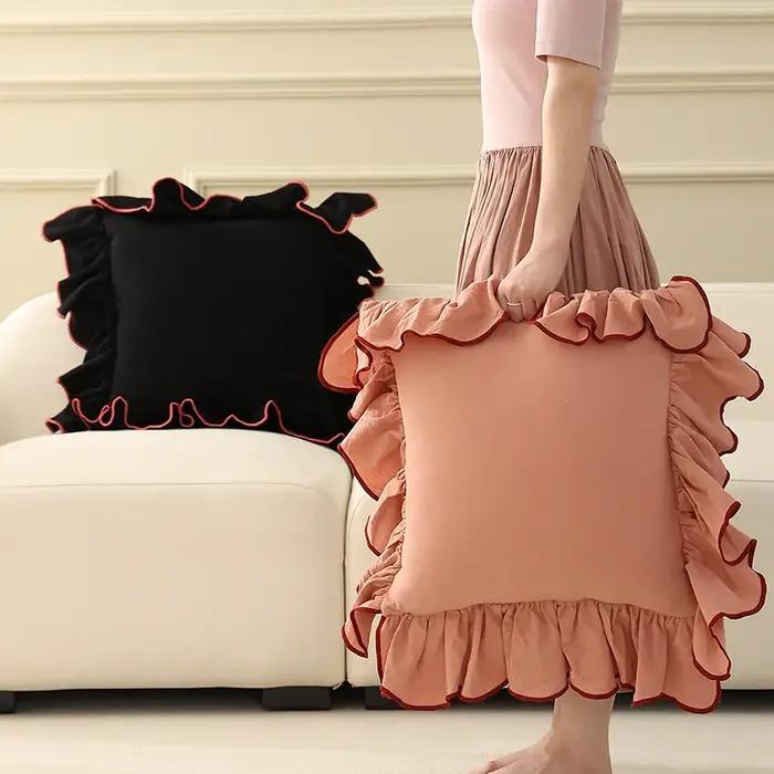 Juste de coussin en coton à volants pour canapé, taie d'oreiller décorative, beige, rose, princesse,