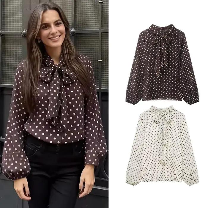 Chemise à manches longues à pois pour femmes, mode printemps automne, chemise à nœud à lacets, chemi