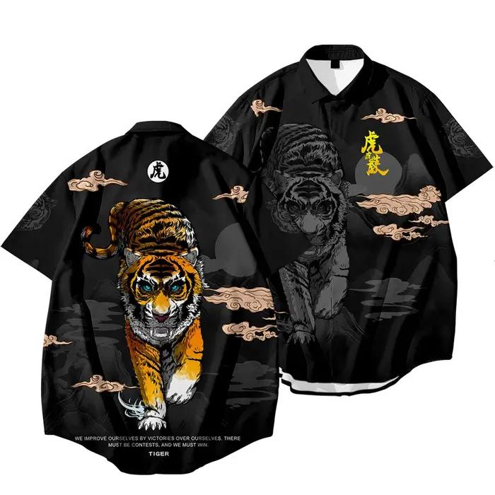  Chemise Harajuku Dragon Tiger pour hommes, imprimé ethnique noir, surdimensionné, manches courte
