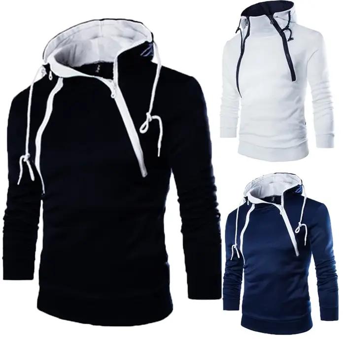 Sweat à capuche à manches longues pour homme, pull à col haut avec fermeture éclair, manteau noir