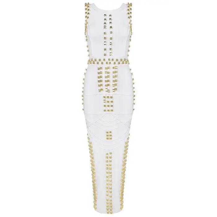 Style classique femmes sans manches col rond Sexy moulante pansement longue robe célébrité mode tapi