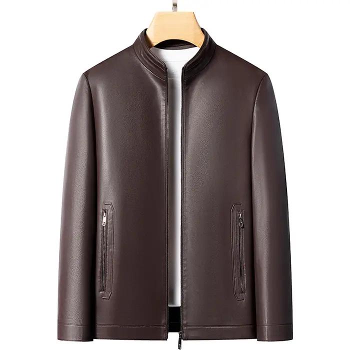Veste en cuir véritable pour hommes, avec col montant, à la mode, pour jeunes, fins, printemps et au