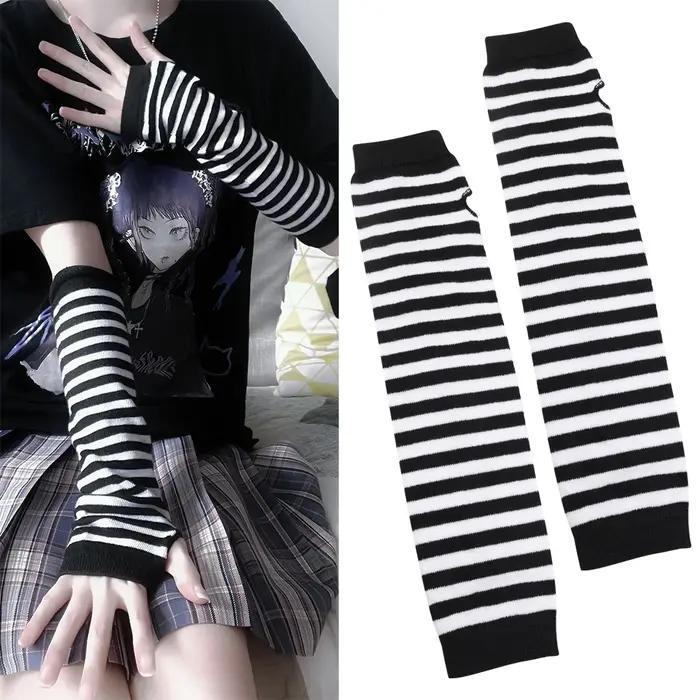 Y2K gothique Lolita gants bras couverture Harajuku chauffe-bras noir gris rayé sans doigts Punk long