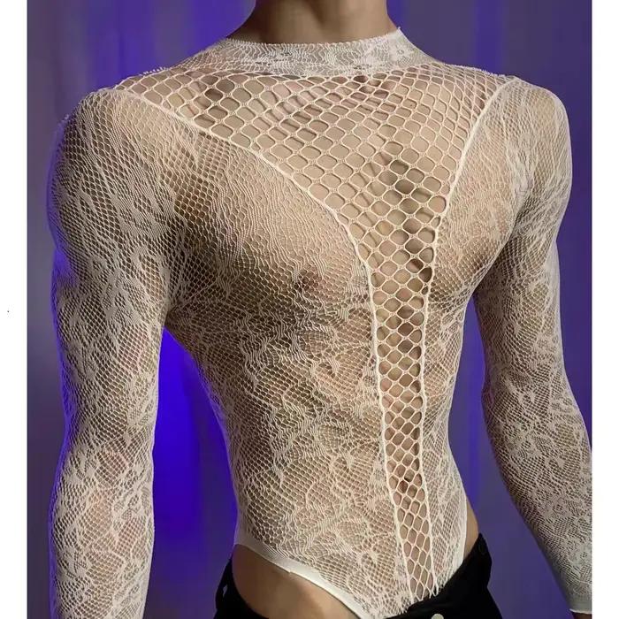 T-shirt d'été en maille transparente à manches longues et col rond pour hommes et femmes, combinaiso