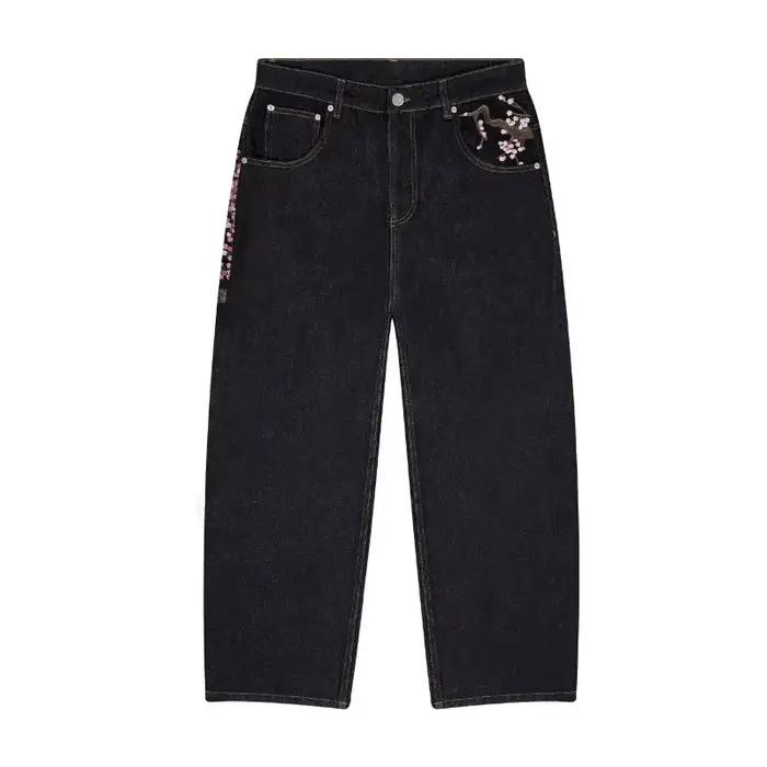 Y2K Baggy jeans fleur de cerisier lisière broderie Denim pantalon hommes femmes denim tissu américai