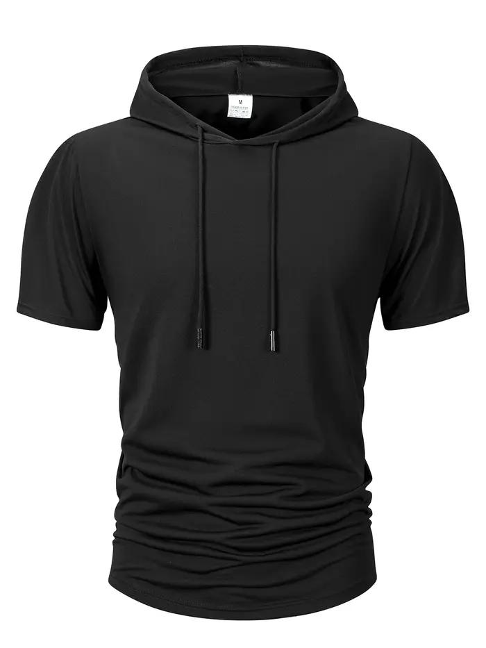 Sweat-shirt à capuche pour hommes, décontracté, manches courtes, ample, couleur unie, léger, Fitness