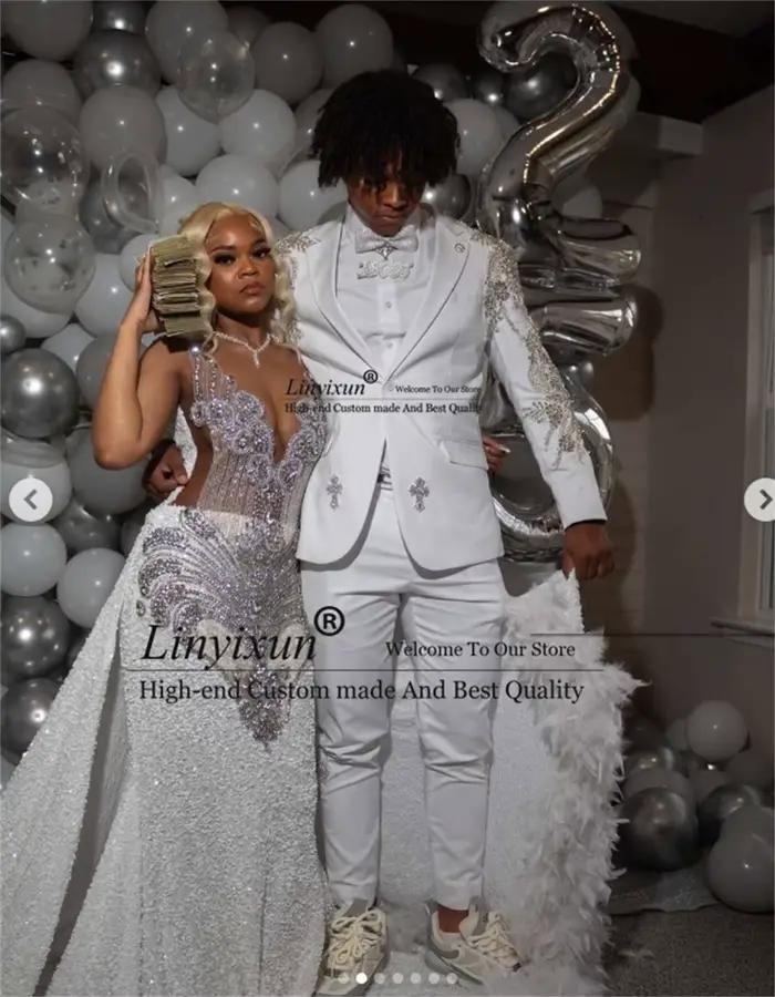 Appliques de luxe Tuxedos perlés mariage métal embelli hommes costumes 2 pièces ensembles mariage ma