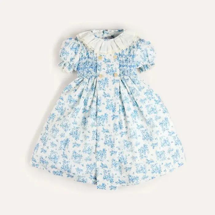 Robe d'été pour filles, style smocké, manches courtes bouffantes, col en dentelle à volants, imprimé