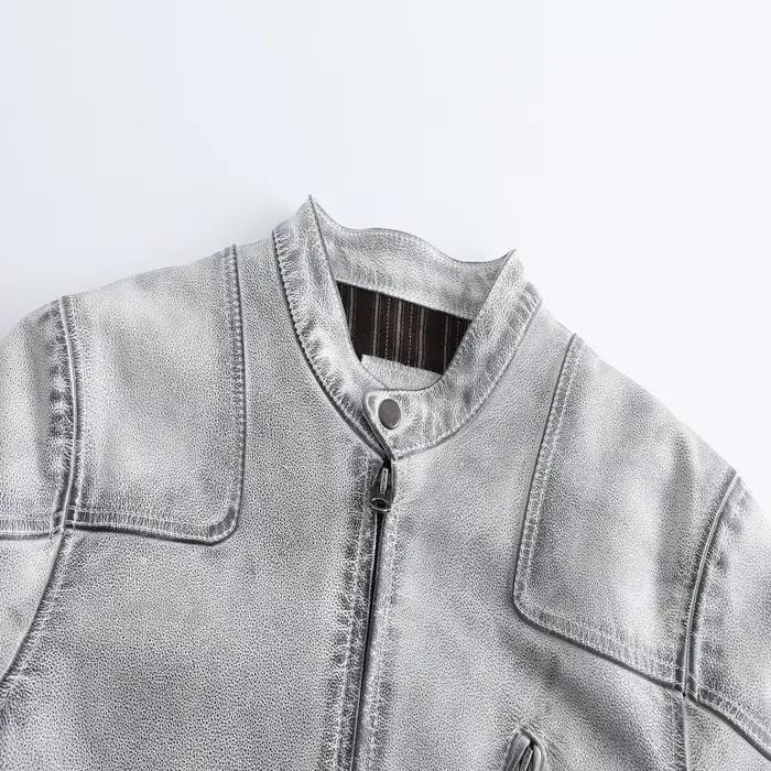 Veste en cuir véritable vieilli pour homme, style rétro, finition usée, col montant, classique, en c