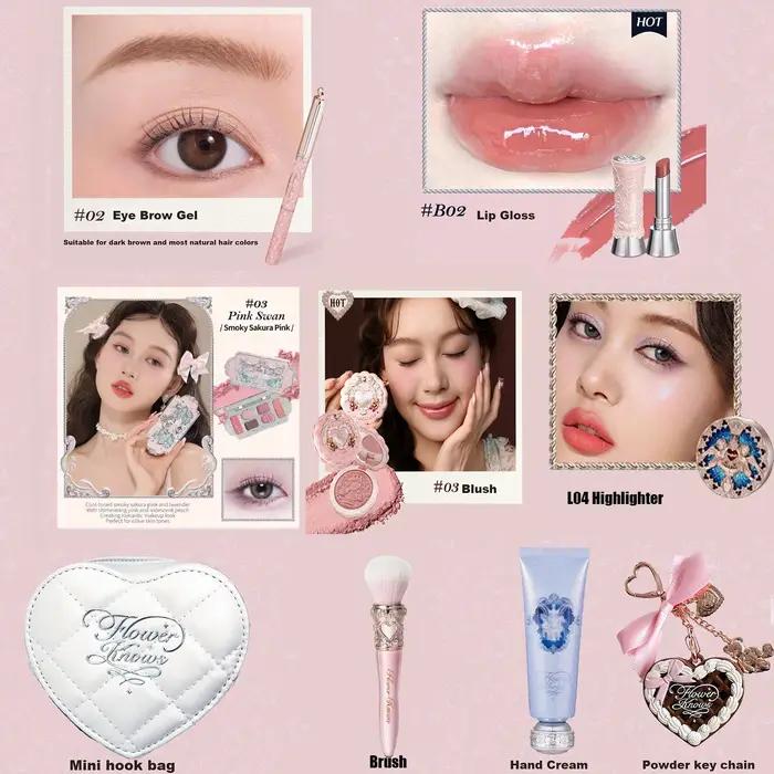 Kit de Maquillage Flower Knows : Poudre Décorante Effet Coquille de Perle Lapin, Gloss à Lèvres, Far