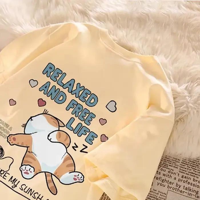 T-shirt à manches courtes pour Couple, ample et décontracté, avec lettres imprimées de chat paresseu