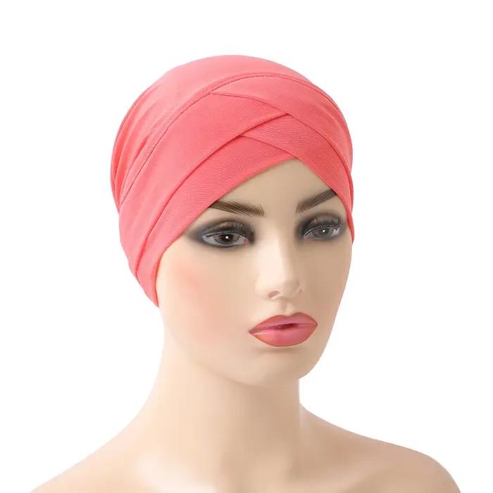 H117 front croisé musulman Turban couleur Pure extensible intérieur Hijabs pour casquettes prêt à porter femmes foulard