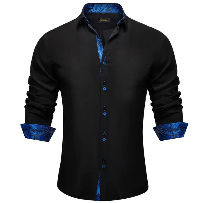 Chemise à manches longues en polyester et coton pour hommes, chemises noires unies, patchwork cachem